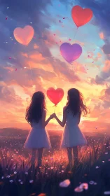 Two Girls Release Heart Balloons at Sunset Over Flower Field