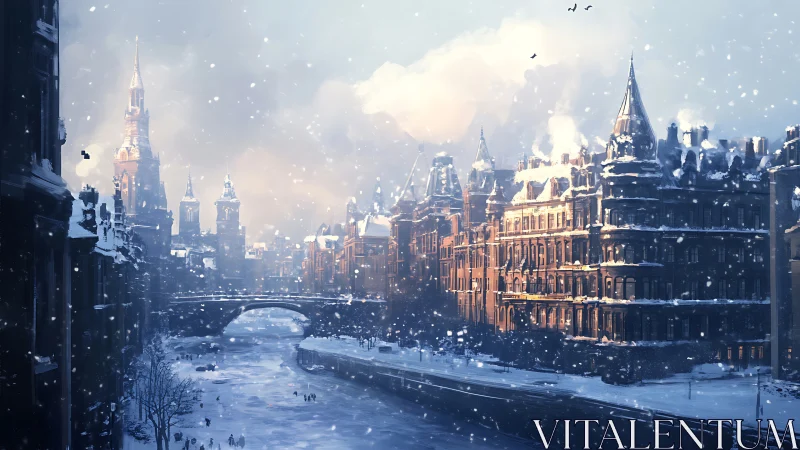 Snowlit European riverfront beneath glowing winter sky.