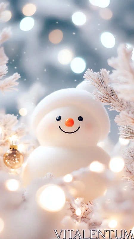 Soft-focus snowman ornament amid defocused holiday bokeh lights