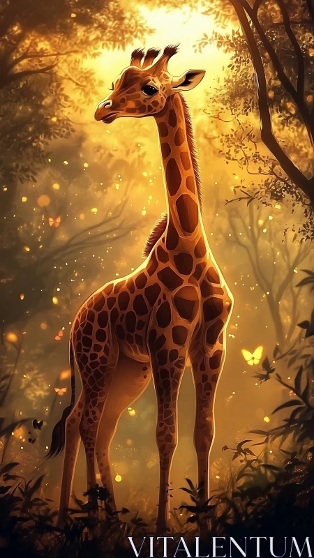Gentle baby giraffe glowing in golden forest light.
