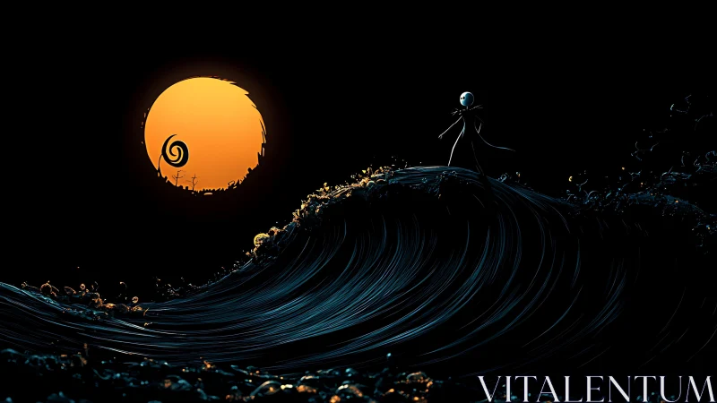Moonlit skeletal wanderer surfing a glowing midnight wave.