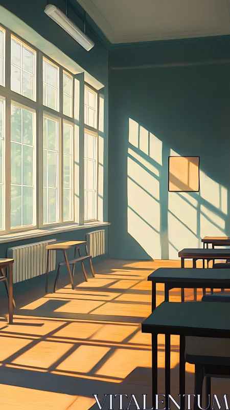 Sunlit empty classroom with long window grid projections