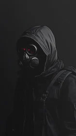 Hooded figure in tactical gas mask with red lens glow.