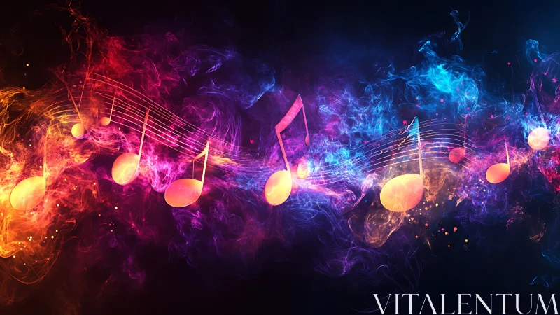Luminescent musical notes in vibrant chromatic nebula.