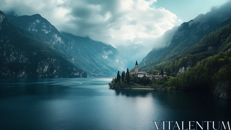 Mountain lake village under clouds with calm reflective water.
