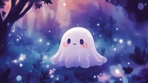 Gentle glowing ghost drifts through a dreamy twilight forest.