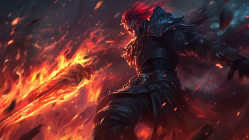 Armored red haired warrior with flaming sword in motion.