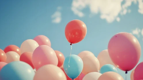 Pastel Dreams Ascending: Balloons Dancing Against Azure Skies