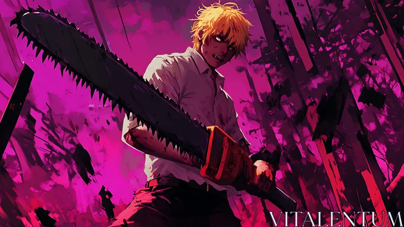 Bloodied chainsaw wielder stands in neon battlefield