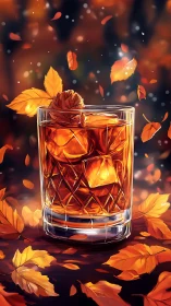 Whiskey Glass with Ice and Autumn Foliage.