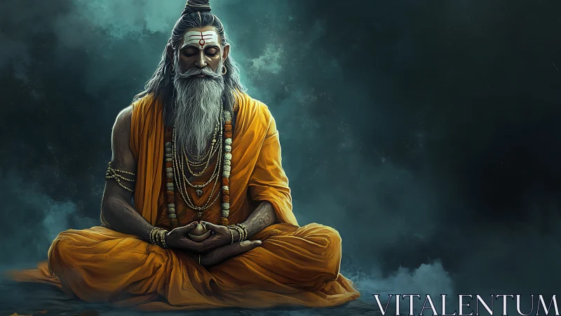 Meditating sage in orange robes rendered as atmospheric digital art
