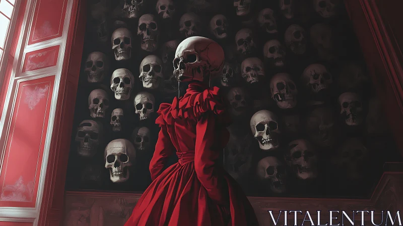 Figure with skull head stands before wall of arranged skulls