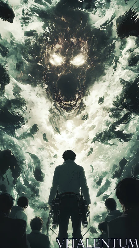 Lone soldier confronts colossal demonic storm face in sky.