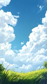 Sunny meadow under expansive cumulus clouds sky.