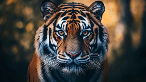 Tiger portrait with sharp detail and soft forest bokeh background.