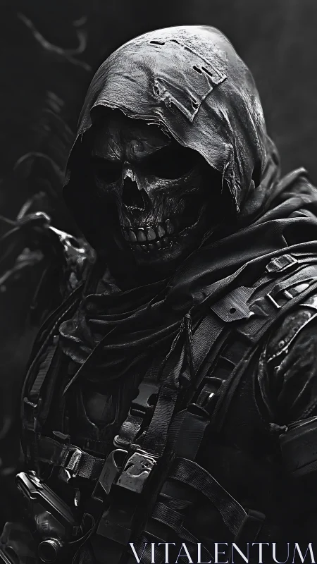 Tactical skeletal wraith in shredded hood under low-key lighting.