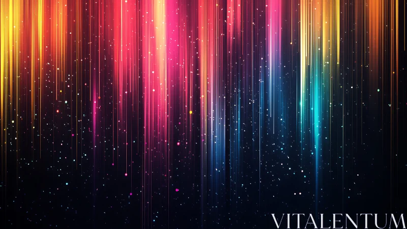 Vertical multicolor light streaks descend over dark star field