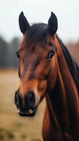 Bay horse portrait with soft bokeh field background.