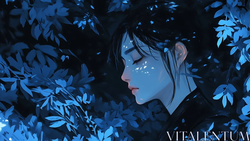 Dreamy blue portrait of a serene girl in moonlit leaves.
