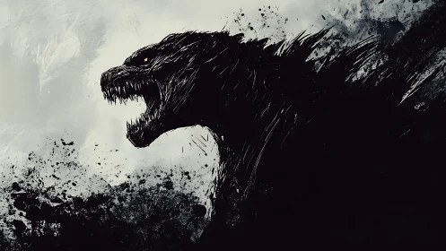 Monstrous ink silhouette roars through splattered shadows.