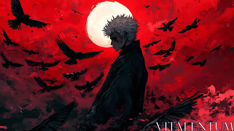 Solitary warrior stands beneath blood red moon with crows