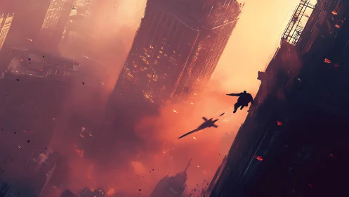 Silhouetted hero dives through burning tilted city canyon