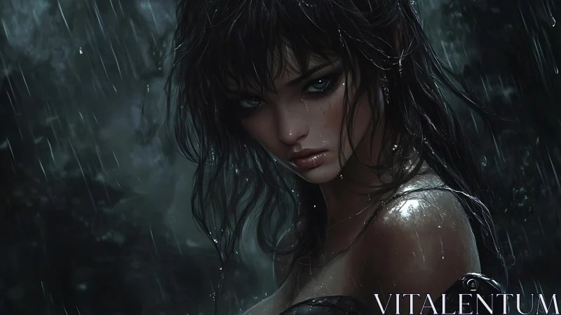 Wet-haired female figure in dark rainy forest setting.