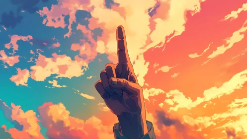 Hand pointing upward against vivid sunset clouded sky.