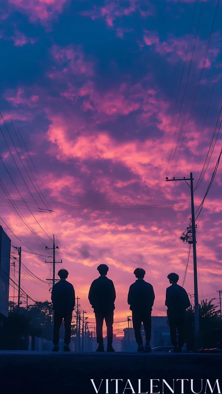 Silhouetted friends stand beneath an electric violet sunset sky