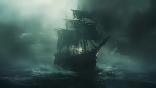 Ghostly tall ship sails through dark stormy ocean mist.