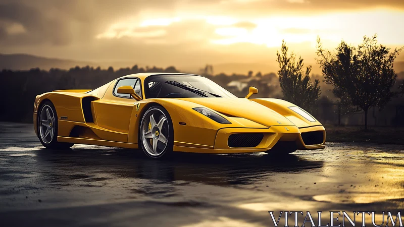 Sunlit yellow supercar lounges over rain-slick asphalt