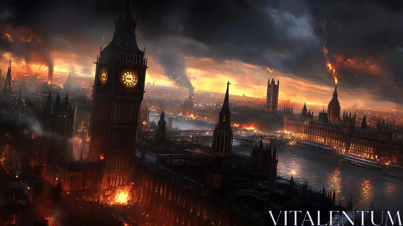 Burning Big Ben and Westminster skyline under dark smoke