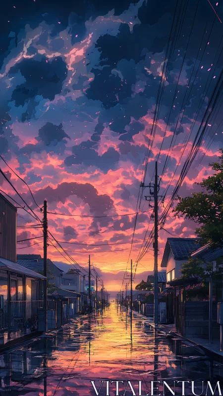 Sunset-lit wet street reflects dramatic pink storm clouds