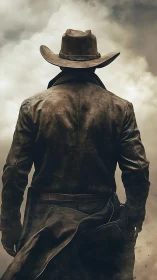 Dust-laced stranger strides into a storm-silvered horizon