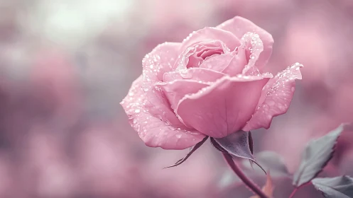 Pink rose macro with dewdrops against soft pastel bokeh.