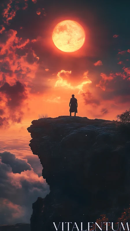 Solitary figure on cliff silhouetted against colossal blood moon