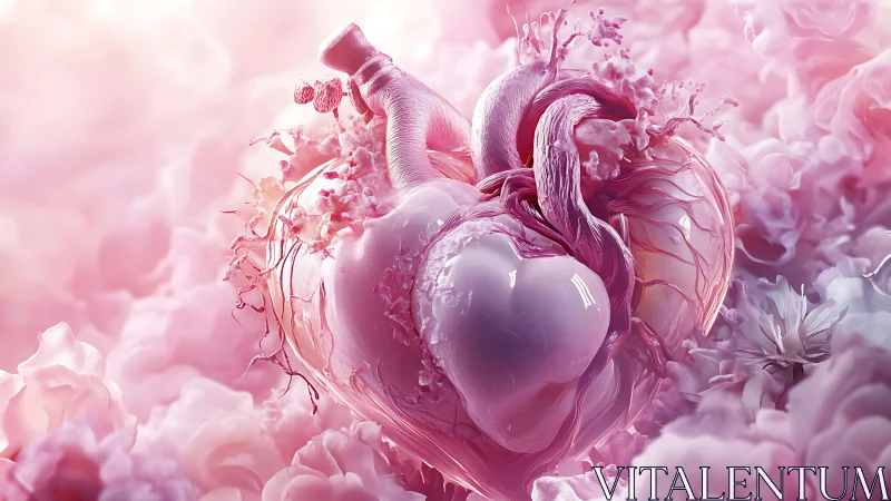 Anatomical Heart Surrounded by Pink Floral Elements