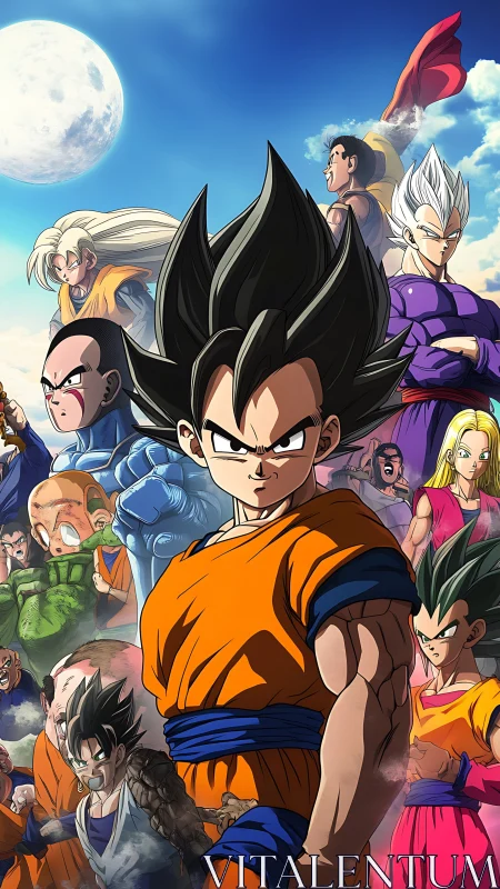 Anime warriors assembled in layered battle-ready portrait.