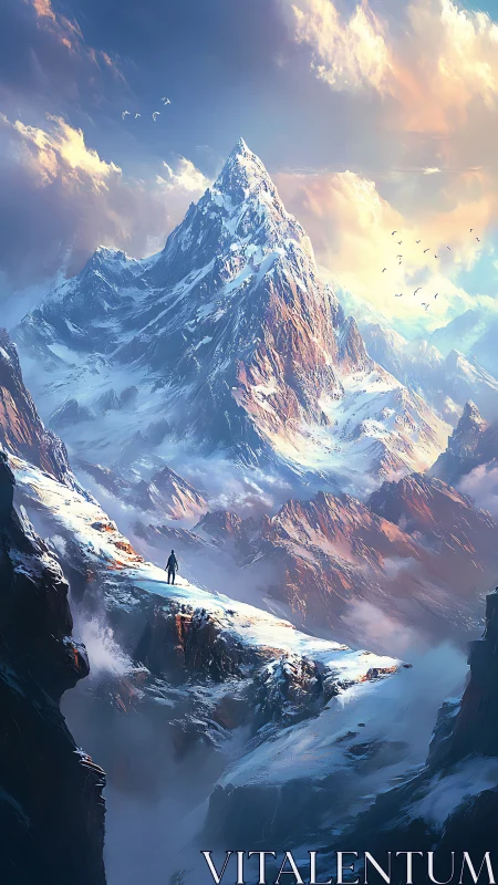Solitary figure stands on snowy ridge before towering peak