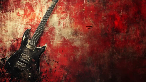 Weathered electric guitar against distressed red grunge wall