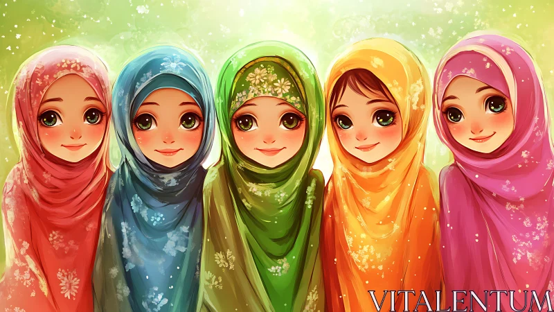 Five Smiling Girls in Colorful Hijabs, Whimsical Anime Style.