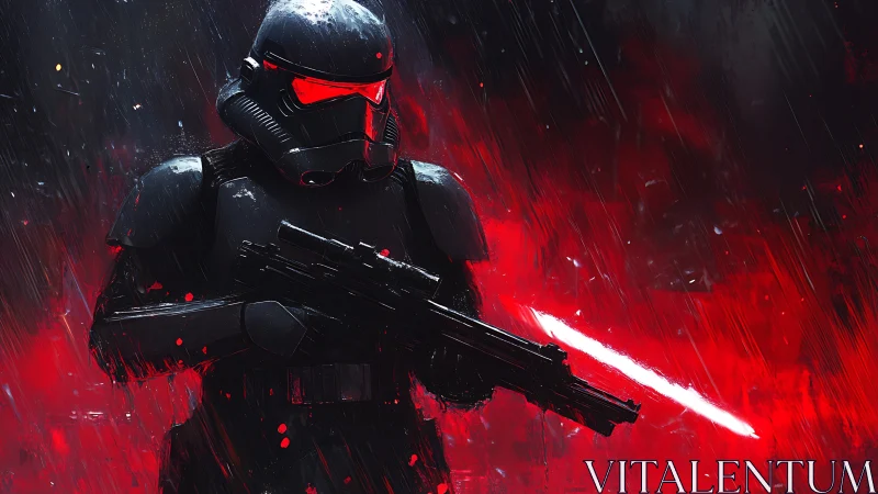 Armored sci-fi trooper in rain with glowing energy rifle