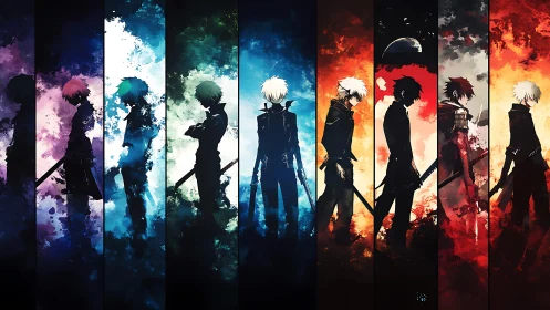 Silhouetted anime warriors stand across shifting cosmic colors.