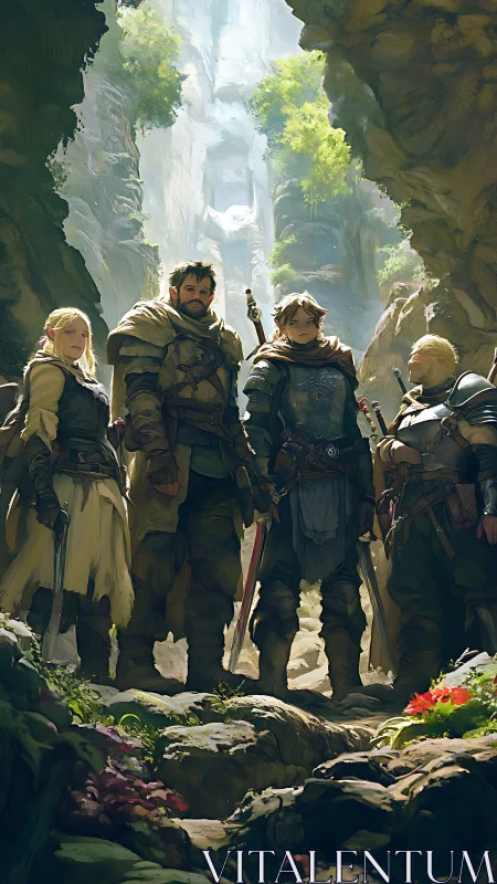 Fantasy adventuring party stands in sunlit rocky canyon.