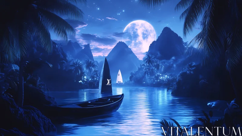 Moonlit Tropical Paradise: A Serene Night Escape.