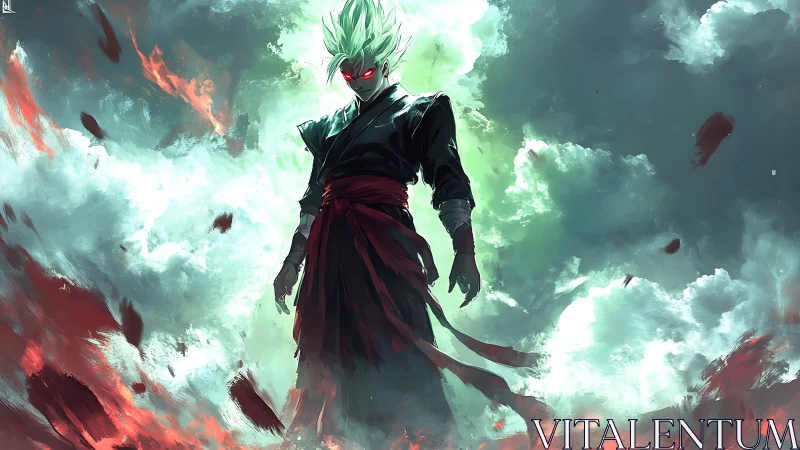 Dark warrior stands amid stormlit sky and burning embers