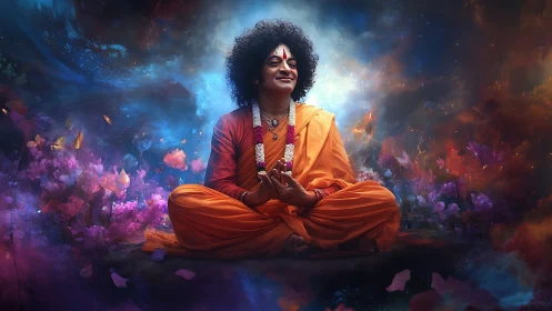 Mystic guru meditating in luminous cosmic garden portal.