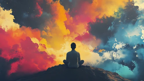 Solitary figure meditating before vibrant cosmic clouds
