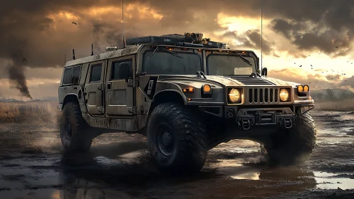 Armored off road military truck in muddy sunset landscape.