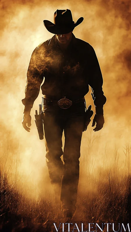 Backlit cowboy silhouette walks through dense atmospheric dust